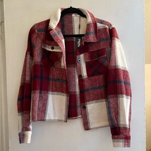 NWT PLAID FLANNEL UTILITY JACKET IN BURGUNDY NAVY WHITE AND GREY from Zeagoo